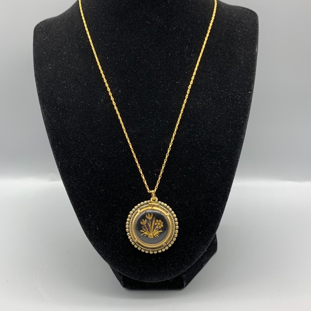 Antique AC 1/20 12K Gold Filled 18" Necklace with Gold & Black Floral Pendant